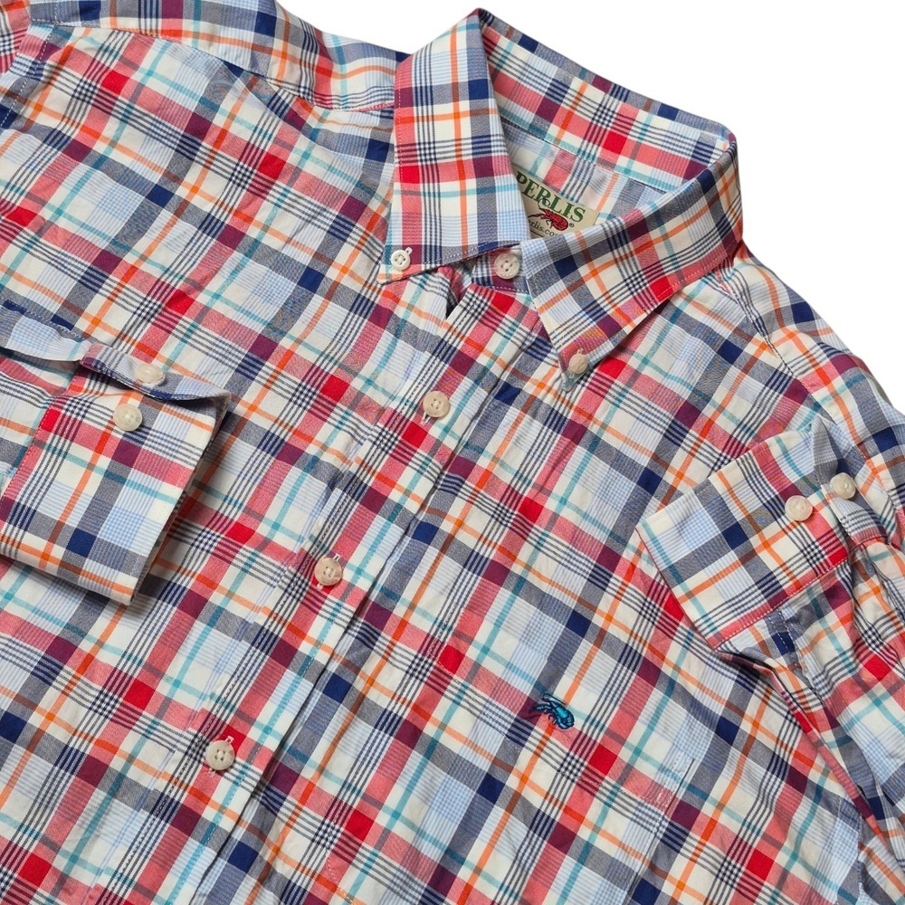 Perlis Men's Medium Plaid Button Down Crawfish Logo Southern Prep Oxford Shirt - Picture 1 of 7